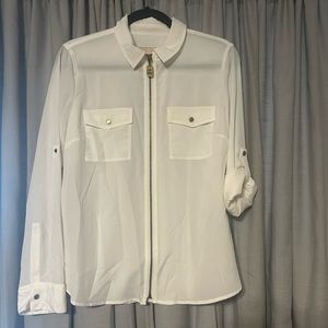 Michael Kors women’s cream with gold sheer zippered blouse size large nwot